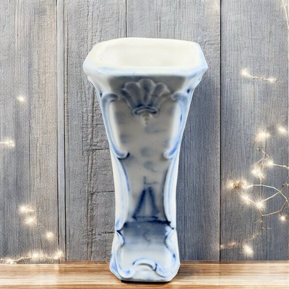 Antique 1920s German Porcelain Bud Vase Toothpick Holder Blue Sailing Boat VTG - Picture 1 of 13